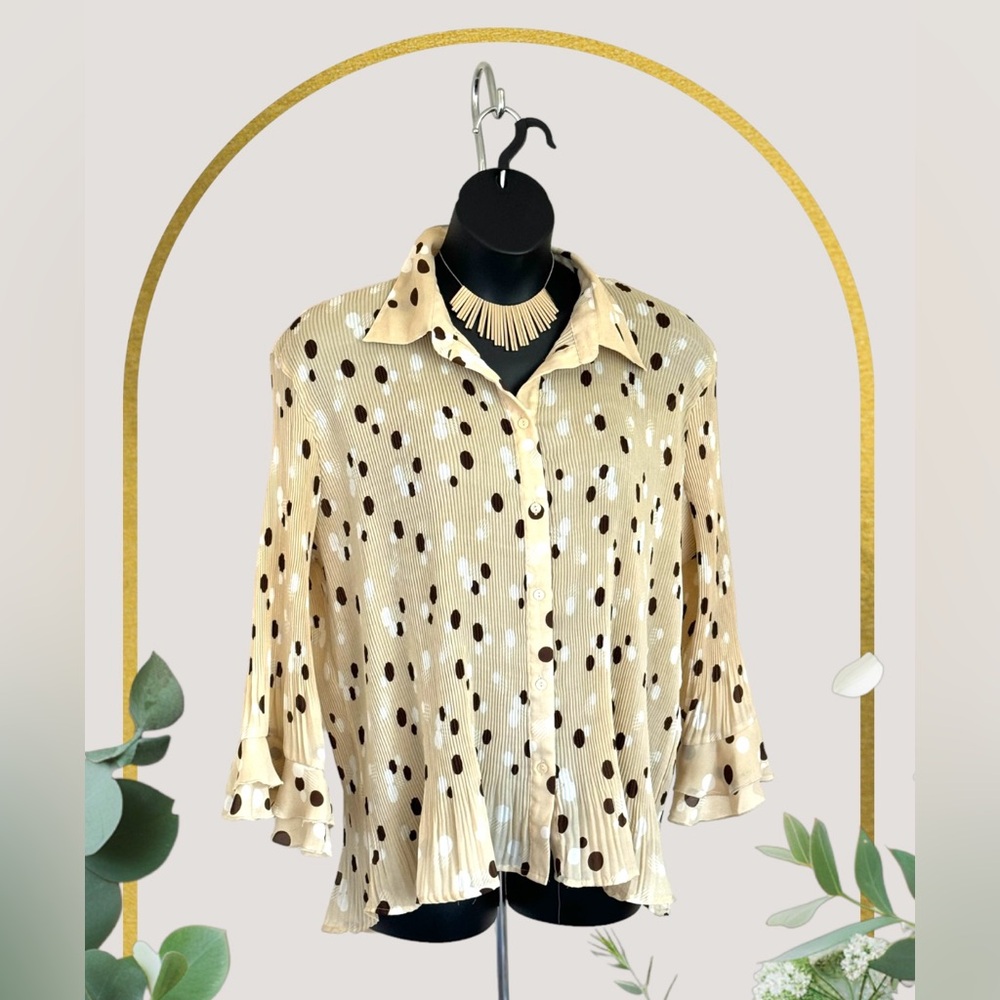 Essentials By Milano 2X Beige Polka Dots Crinkled Collared Open Front Shirt Top